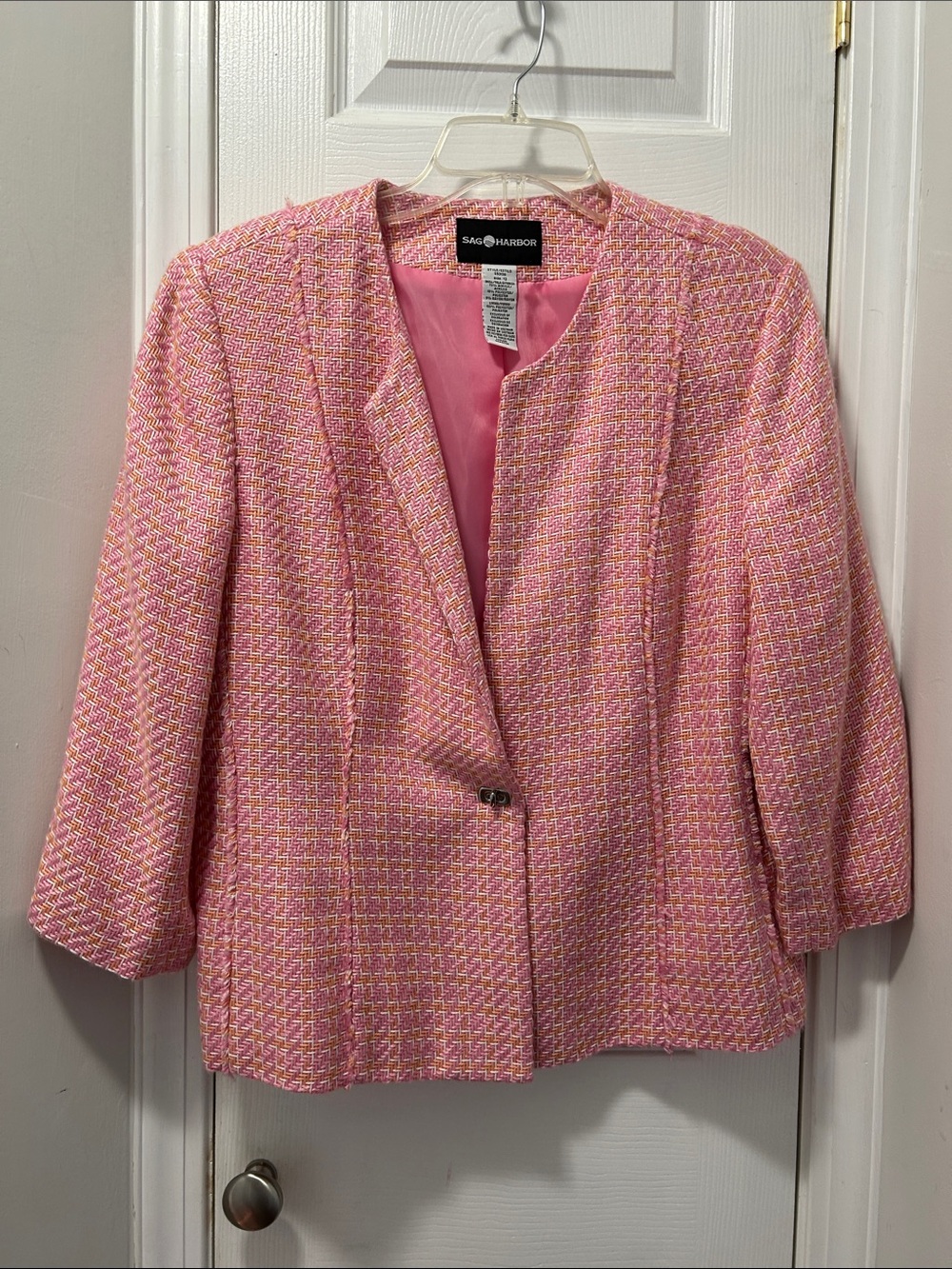 Sag Harbor Pink Tweed Collarless Blazer Jacket